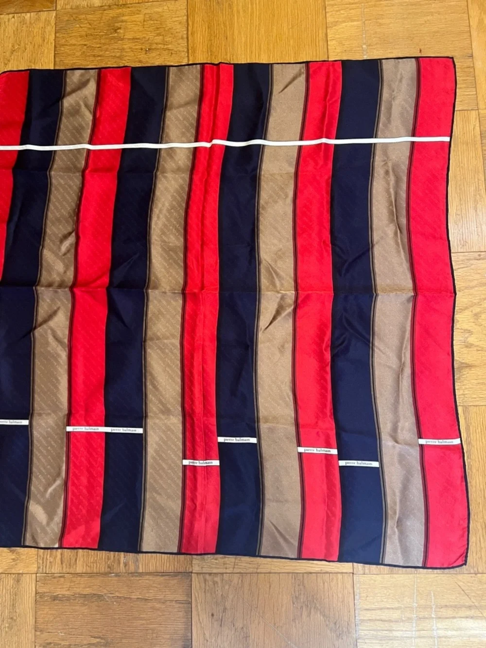 1435. Vintage Pierre Balmain Red, Navy & Tan Striped Silk Scarf